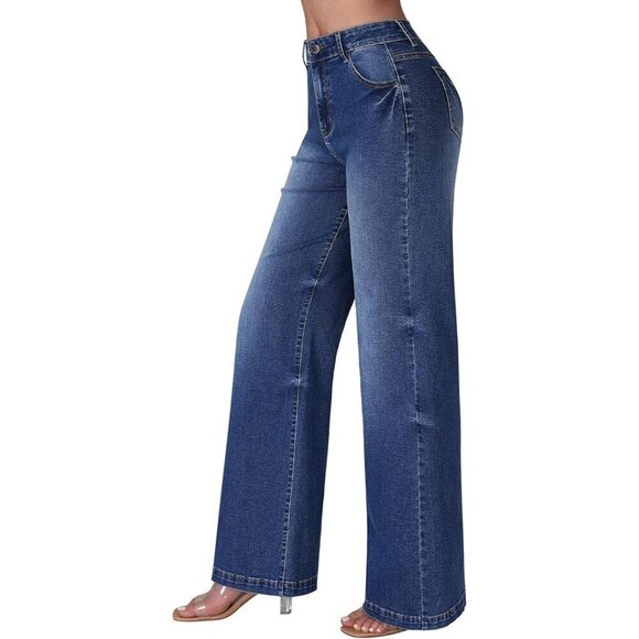 Women's Wide Leg Jeans High Waisted Stretchy Denim Trousers Casual Versatile - Picture 2 of 7